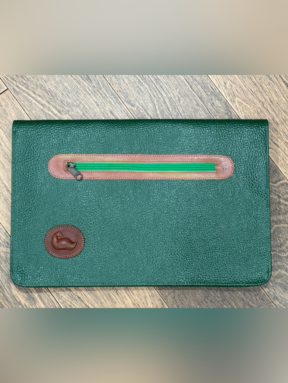 Dooney & Bourke Green Textured Leather Folio with Brown Trim and Green Zip
